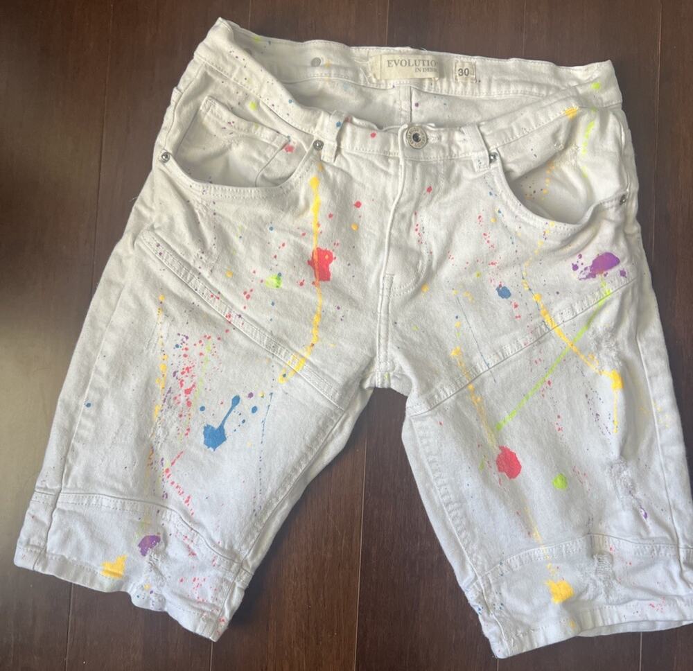 Evolution In Design White Denim Paint Splatter Shorts Streetwear 30w S